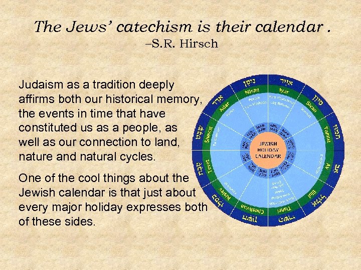 The Jews’ catechism is their calendar. –S. R. Hirsch Judaism as a tradition deeply