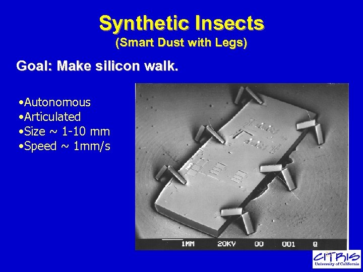 Synthetic Insects (Smart Dust with Legs) Goal: Make silicon walk. • Autonomous • Articulated