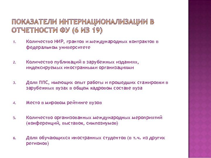 1. Количество НИР, грантов и международных контрактов в федеральном университете 2. Количество публикаций в