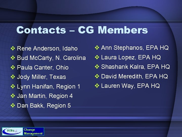 Contacts – CG Members v Rene Anderson, Idaho v Ann Stephanos, EPA HQ v
