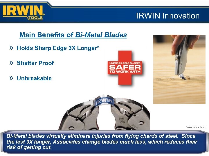 IRWIN Innovation Main Benefits of Bi-Metal Blades » Holds Sharp Edge 3 X Longer*