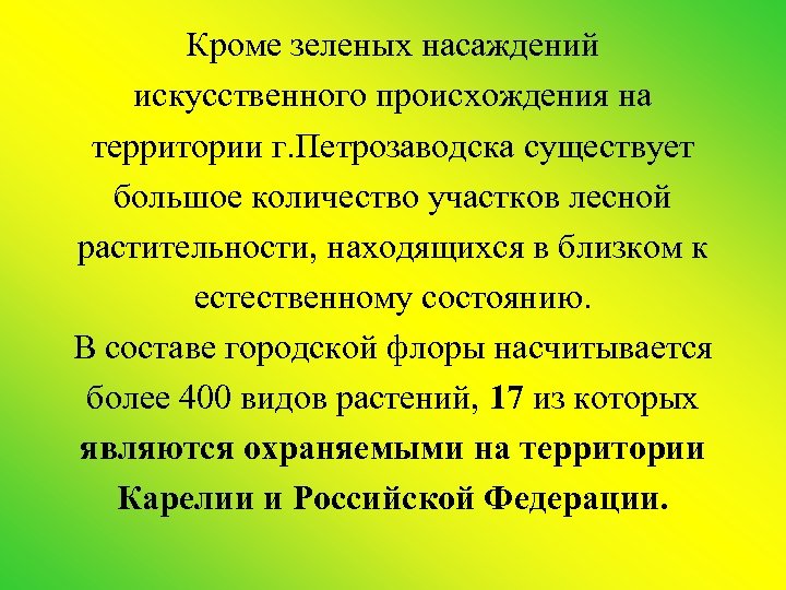 Кроме зеленых насаждений искусственного происхождения на территории г. Петрозаводска существует большое количество участков лесной