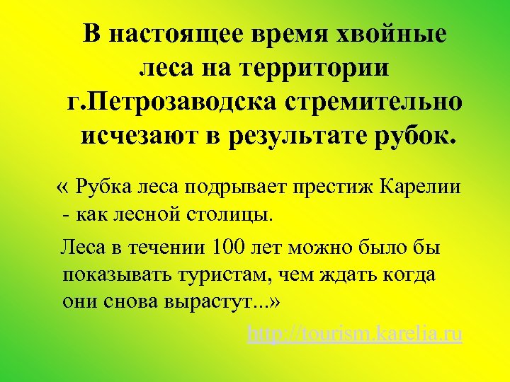 В настоящее время хвойные леса на территории г. Петрозаводска стремительно исчезают в результате рубок.