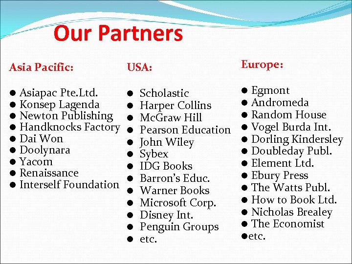 Our Partners Asia Pacific: USA: l Asiapac Pte. Ltd. l Konsep Lagenda l Newton