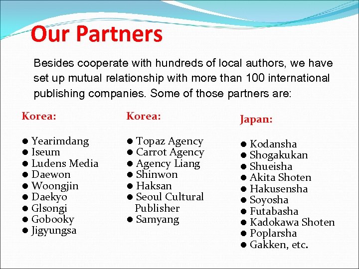 Our Partners Besides cooperate with hundreds of local authors, we have set up mutual