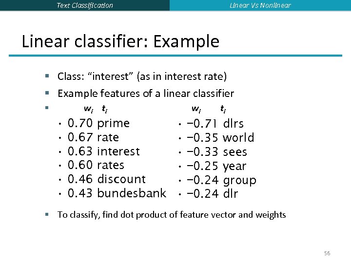 Linear Vs Nonlinear Text Classification Linear classifier: Example § Class: “interest” (as in interest
