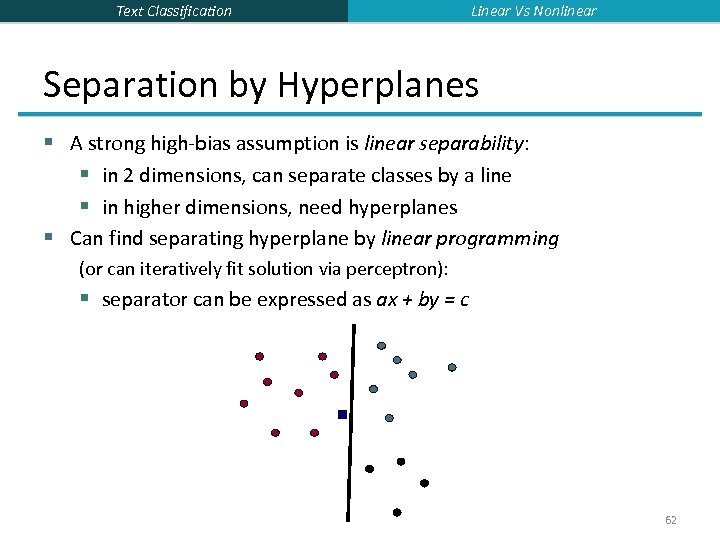 Text Classification Linear Vs Nonlinear Separation by Hyperplanes § A strong high-bias assumption is