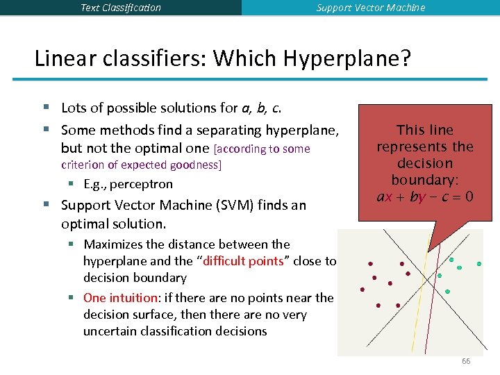 Text Classification Support Vector Machine Linear classifiers: Which Hyperplane? § Lots of possible solutions