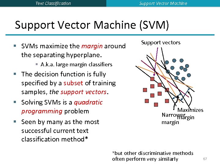 Support Vector Machine Text Classification Support Vector Machine (SVM) § SVMs maximize the margin