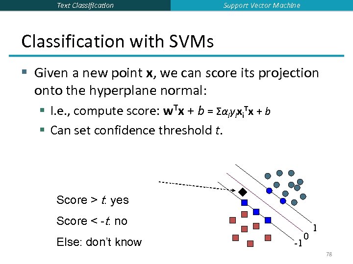 Text Classification Support Vector Machine Classification with SVMs § Given a new point x,