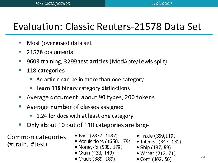 Evaluation Text Classification Evaluation: Classic Reuters-21578 Data Set Most (over)used data set 21578 documents