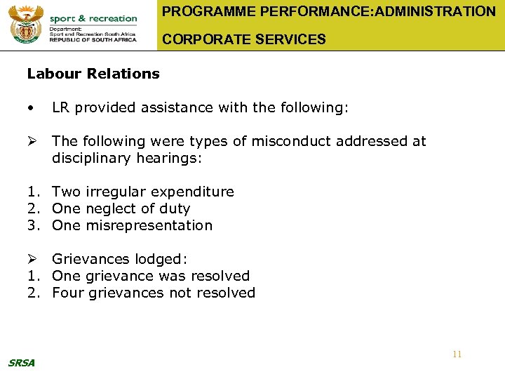 PROGRAMME PERFORMANCE: ADMINISTRATION CORPORATE SERVICES Labour Relations • LR provided assistance with the following: