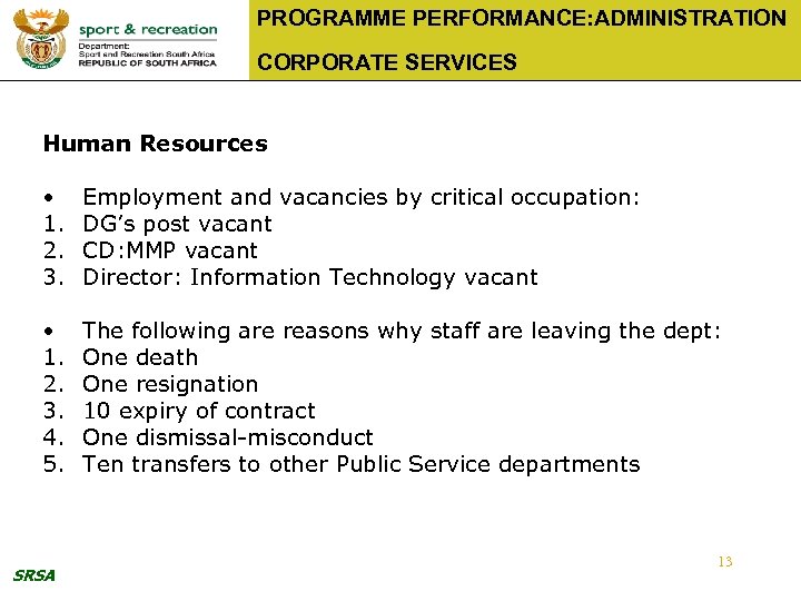 PROGRAMME PERFORMANCE: ADMINISTRATION CORPORATE SERVICES Human Resources • 1. 2. 3. Employment and vacancies