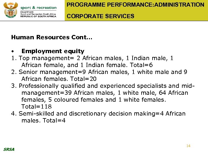 PROGRAMME PERFORMANCE: ADMINISTRATION CORPORATE SERVICES Human Resources Cont… • Employment equity 1. Top management=