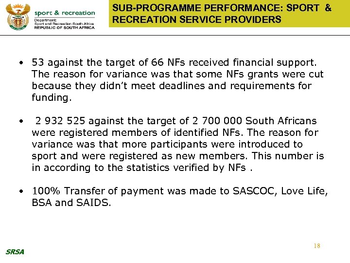 SUB-PROGRAMME PERFORMANCE: SPORT & RECREATION SERVICE PROVIDERS • 53 against the target of 66