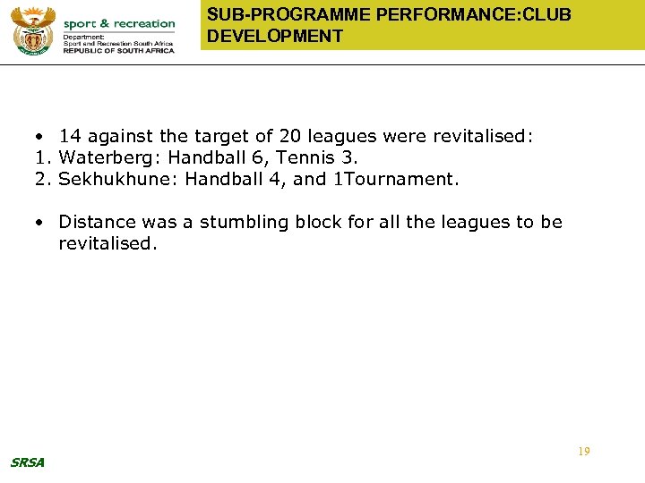 SUB-PROGRAMME PERFORMANCE: CLUB DEVELOPMENT • 14 against the target of 20 leagues were revitalised: