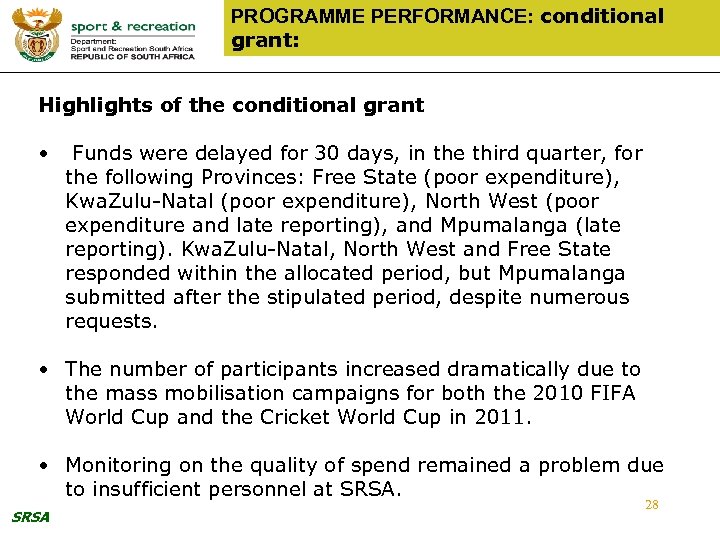 PROGRAMME PERFORMANCE: conditional grant: Highlights of the conditional grant • Funds were delayed for