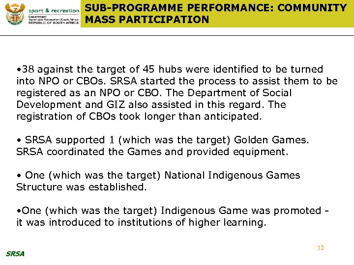 SUB-PROGRAMME PERFORMANCE: COMMUNITY MASS PARTICIPATION • 38 against the target of 45 hubs were