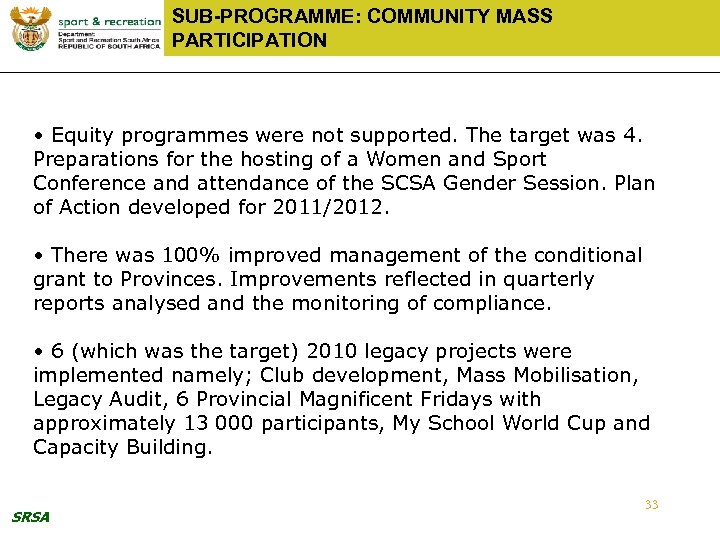 SUB-PROGRAMME: COMMUNITY MASS PARTICIPATION • Equity programmes were not supported. The target was 4.