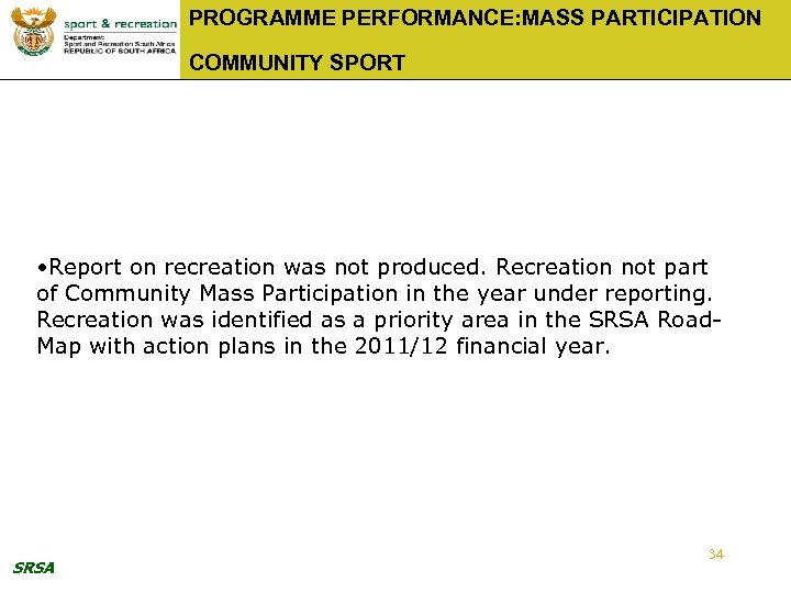 PROGRAMME PERFORMANCE: MASS PARTICIPATION COMMUNITY SPORT • Report on recreation was not produced. Recreation