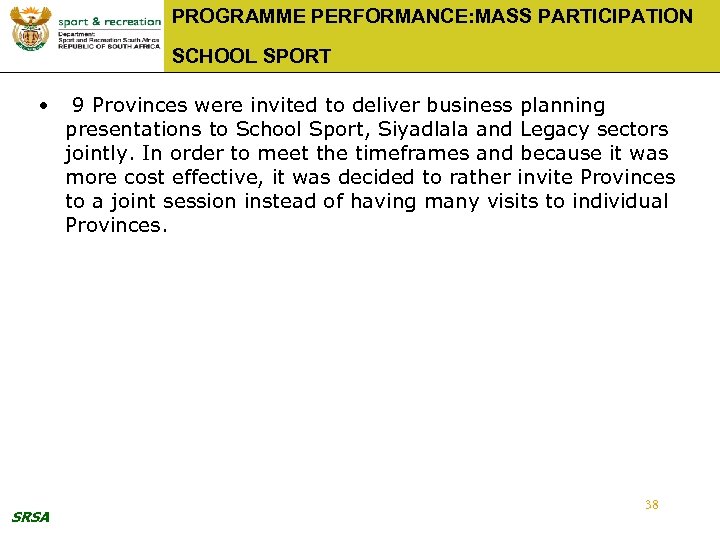 PROGRAMME PERFORMANCE: MASS PARTICIPATION SCHOOL SPORT • SRSA 9 Provinces were invited to deliver