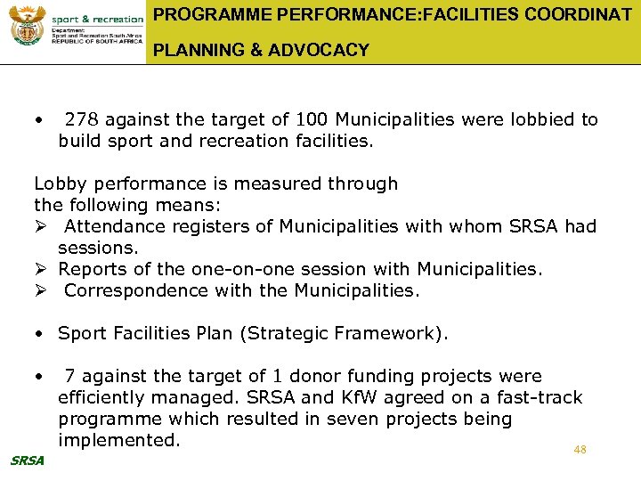 PROGRAMME PERFORMANCE: FACILITIES COORDINAT PLANNING & ADVOCACY • 278 against the target of 100