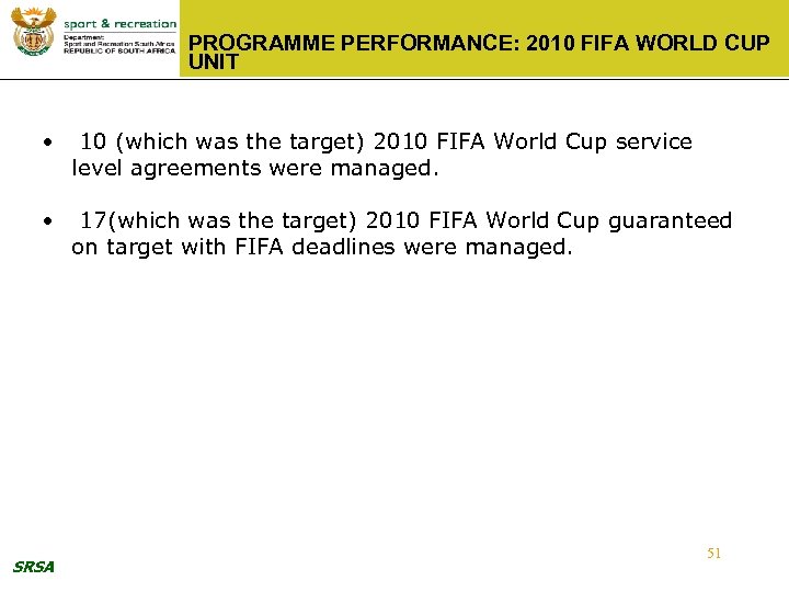 PROGRAMME PERFORMANCE: 2010 FIFA WORLD CUP UNIT • 10 (which was the target) 2010