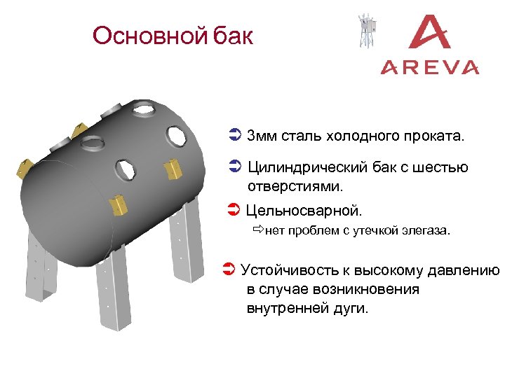 Основной бак Ü 3 мм сталь холодного проката. Ü Цилиндрический бак с шестью отверстиями.