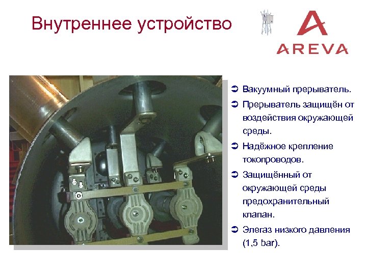 Внутреннее устройство Ü Вакуумный прерыватель. Ü Прерыватель защищён от воздействия окружающей среды. Ü Надёжное