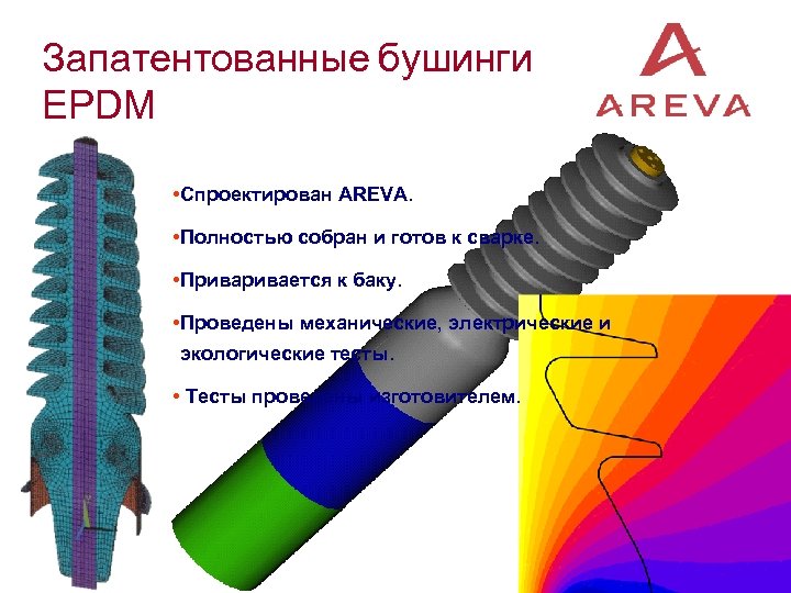 Запатентованные бушинги EPDM • Спроектирован AREVA. • Полностью собран и готов к сварке. •