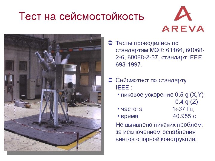 Тест на сейсмостойкость Ü Тесты проводились по стандартам МЭК: 61166, 600682 -6, 60068 -2