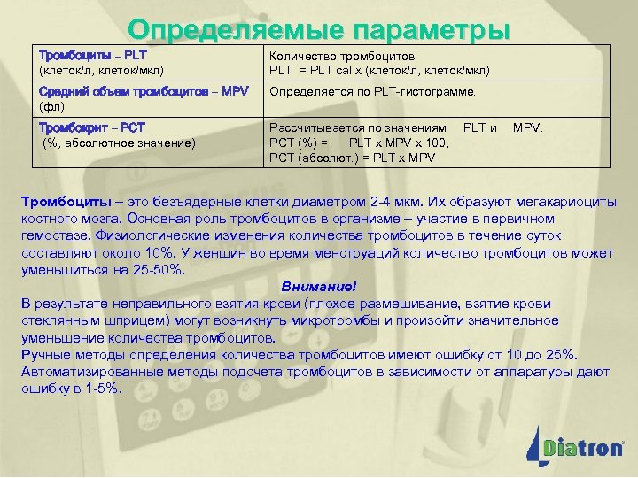 Определяемые параметры Тромбоциты – PLT (клеток/л, клеток/мкл) Количество тромбоцитов PLT = PLT cal x