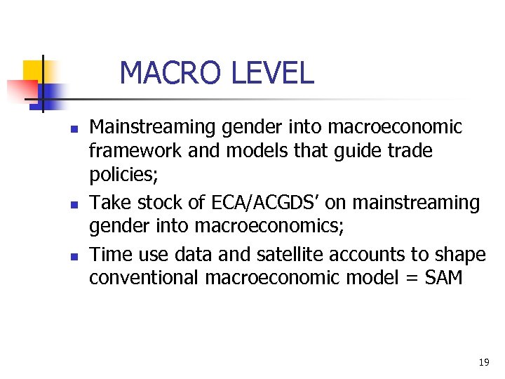 MACRO LEVEL n n n Mainstreaming gender into macroeconomic framework and models that guide