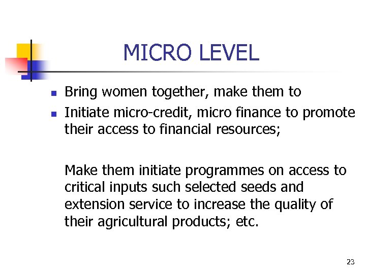 MICRO LEVEL n n Bring women together, make them to Initiate micro-credit, micro finance
