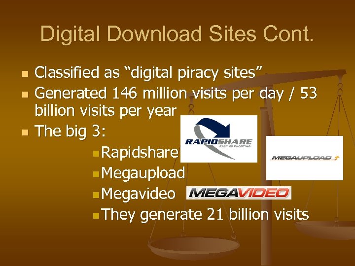 Digital Download Sites Cont. n n n Classified as “digital piracy sites” Generated 146