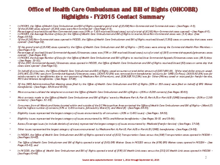 Office of Health Care Ombudsman and Bill of Rights (OHCOBR) Highlights - FY 2015