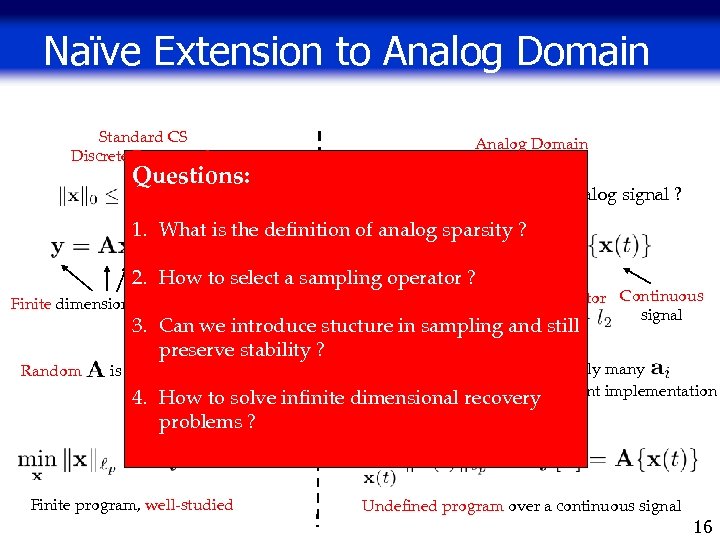 Naïve Extension to Analog Domain Standard CS Discrete Framework Analog Domain Questions: Sparsity prior