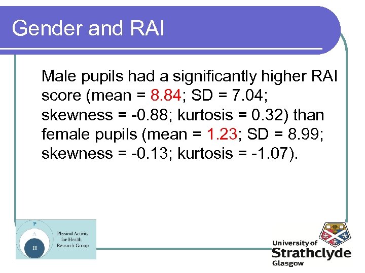 Gender and RAI Male pupils had a significantly higher RAI score (mean = 8.