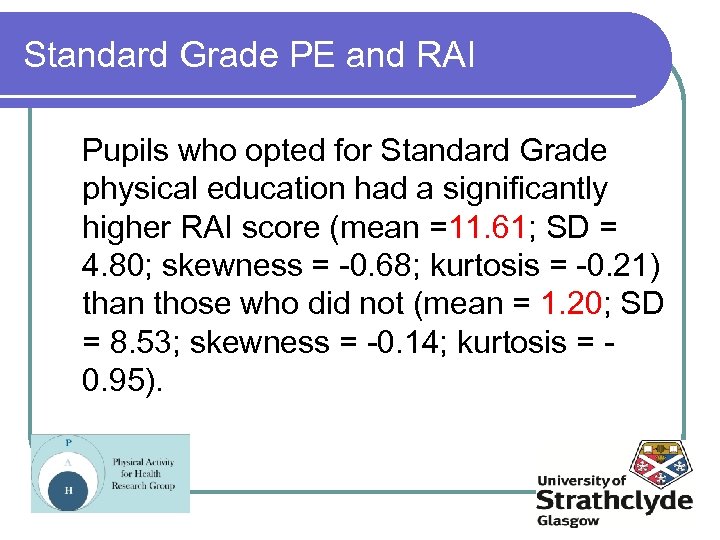 Standard Grade PE and RAI Pupils who opted for Standard Grade physical education had