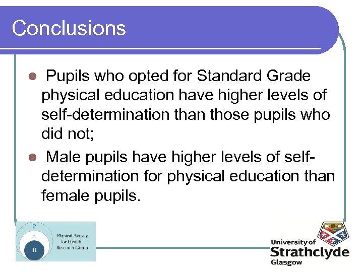 Conclusions Pupils who opted for Standard Grade physical education have higher levels of self-determination