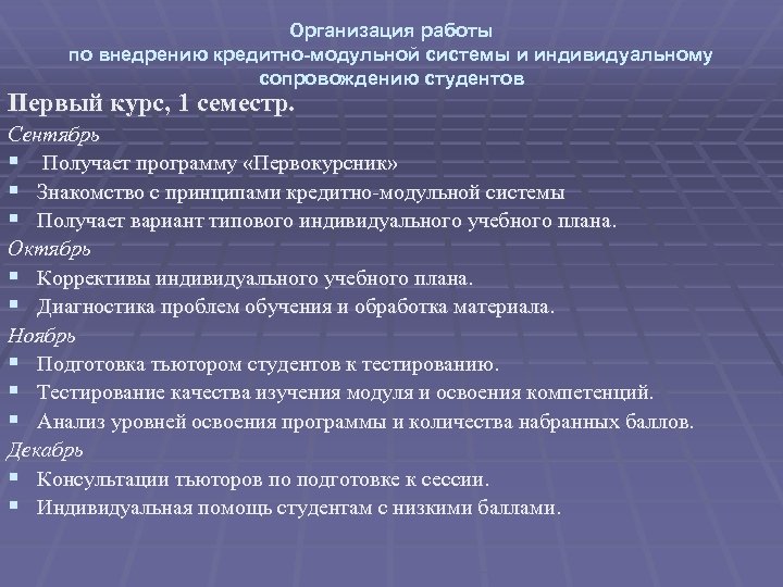 Организация работы по внедрению кредитно-модульной системы и индивидуальному сопровождению студентов Первый курс, 1 семестр.