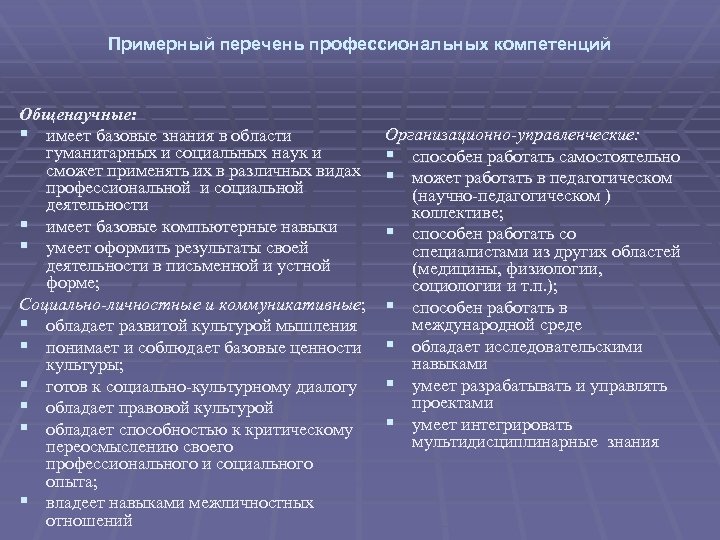 Примерный перечень профессиональных компетенций Общенаучные: § имеет базовые знания в области гуманитарных и социальных