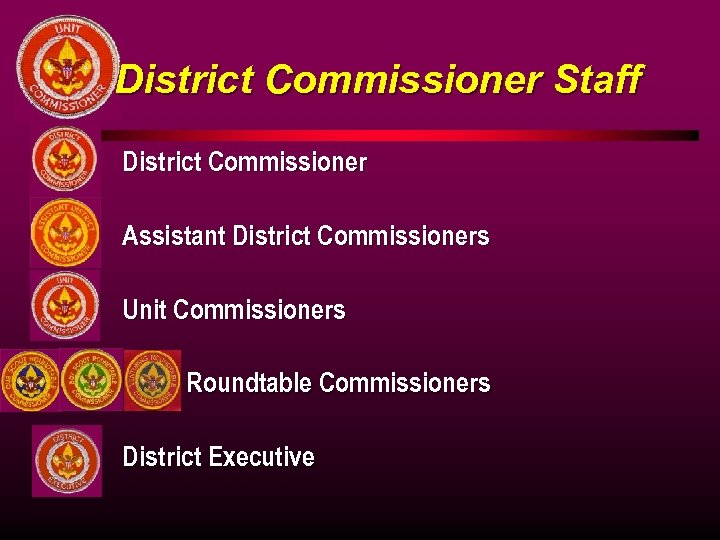 District Commissioner Staff l District Commissioner l Assistant District Commissioners l Unit Commissioners l