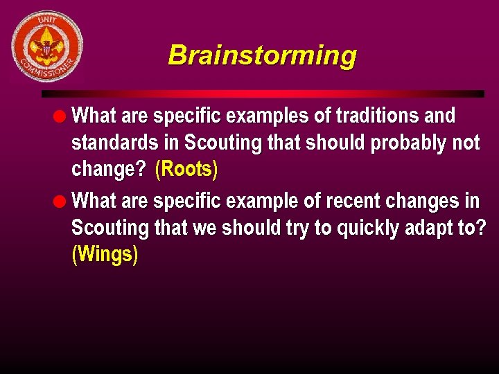 Brainstorming l What are specific examples of traditions and standards in Scouting that should