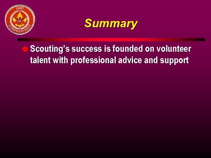 Summary l Scouting’s success is founded on volunteer talent with professional advice and support