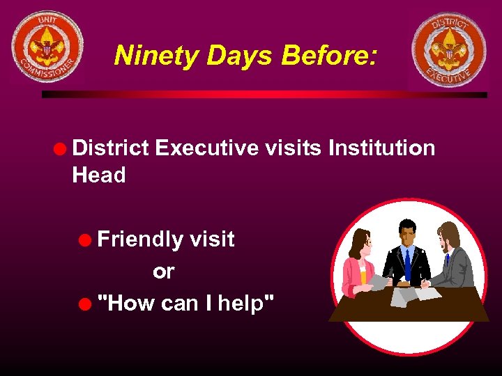 Ninety Days Before: l District Executive visits Institution Head Friendly visit or l "How