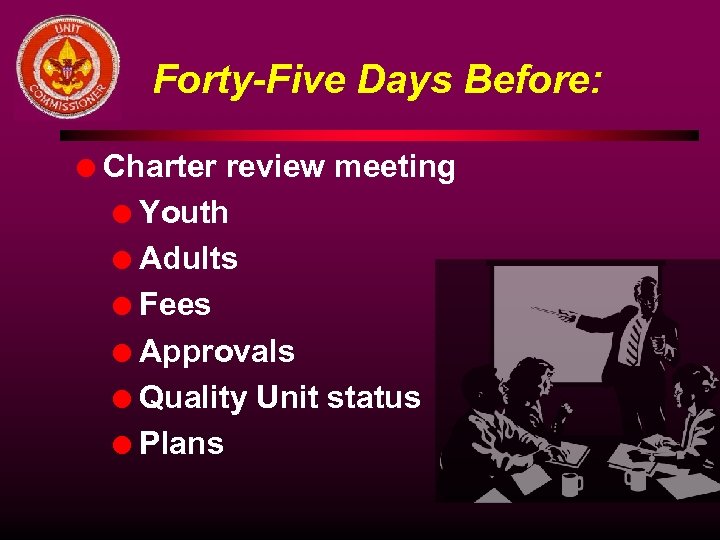 Forty-Five Days Before: l Charter review meeting l Youth l Adults l Fees l