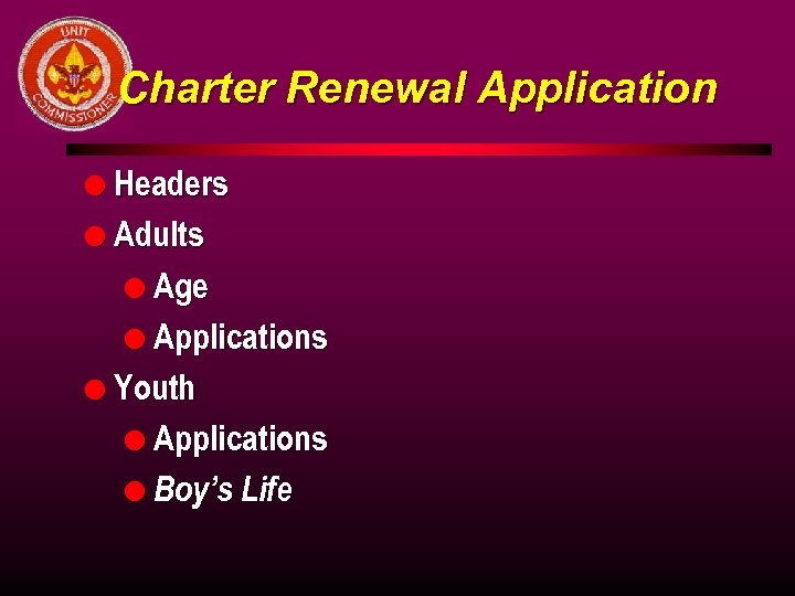 Charter Renewal Application l Headers l Adults l Age l Applications l Youth l