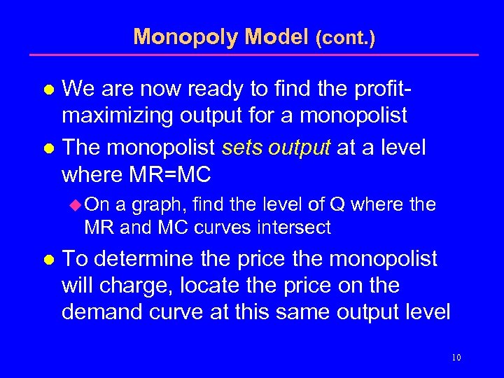 Monopoly Model (cont. ) We are now ready to find the profitmaximizing output for