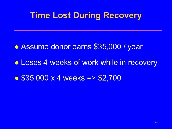 Time Lost During Recovery l Assume donor earns $35, 000 / year l Loses